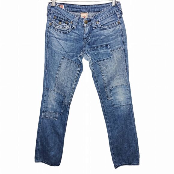 Y2K Vintage True Religion Women's 27 Billy Denim Patchwork Straight Leg Jeans - Picture 4 of 15